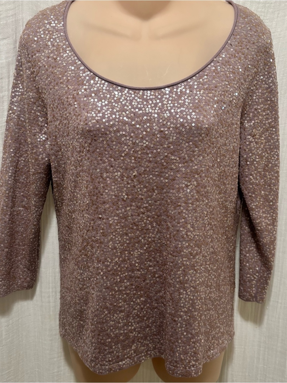 Eileen Fisher Mauve Sequin Scoop Neck 3/4 Sleeve Pullover Top Women’s S